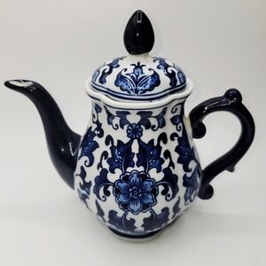 Blue White Ceramic Teapot with Lid Delft Style Floral Scroll Pattern Vintage
